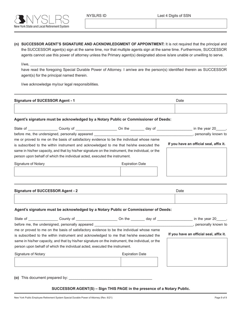 New York Public Employee Retirement System Special Durable Power of Attorney - New York, Page 9