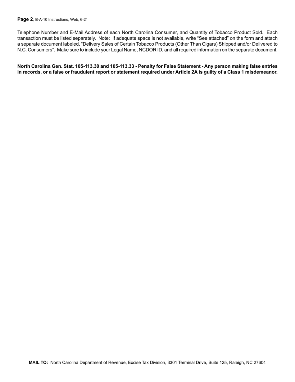 Instructions for Form B-A-10 Report of Delivery Sales of Certain Tobacco Products (Other Than Cigars) - North Carolina, Page 2