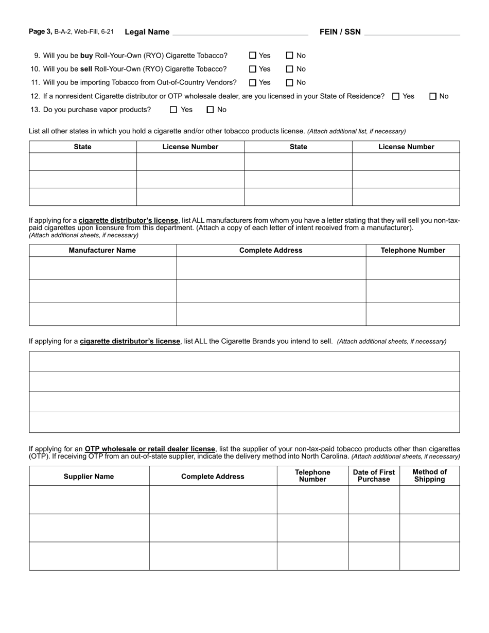 Form B-A-2 Application or Update to an Existing Application for Cigarette Distributors License and Tobacco Products (Other Than Cigarettes) License - North Carolina, Page 3