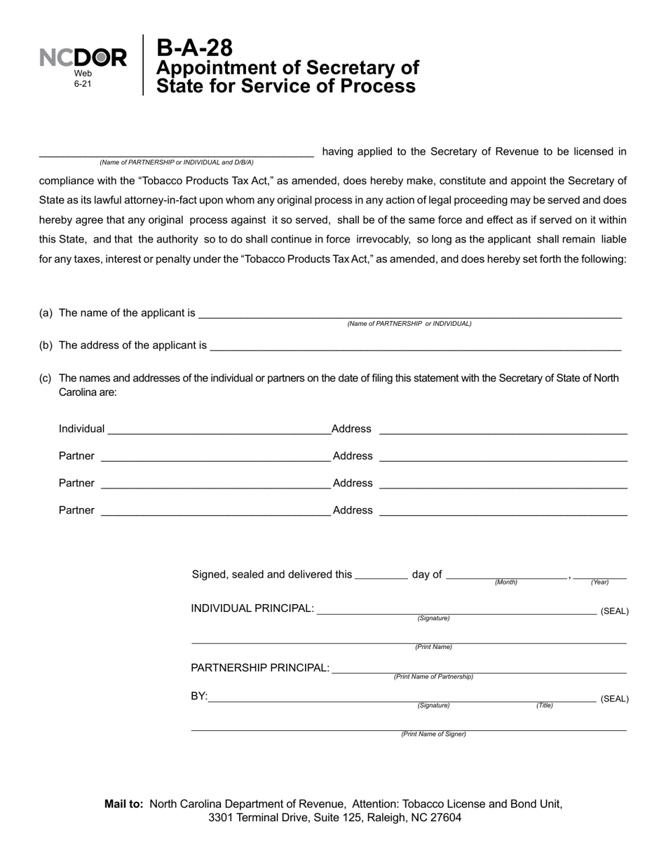 Form B-A-28 Appointment of Secretary of State for Service of Process - North Carolina, Page 1