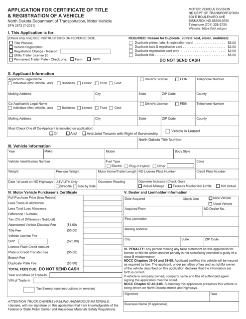 Form SFN2872 Application for Certificate of Title & Registration of a Vehicle - North Dakota