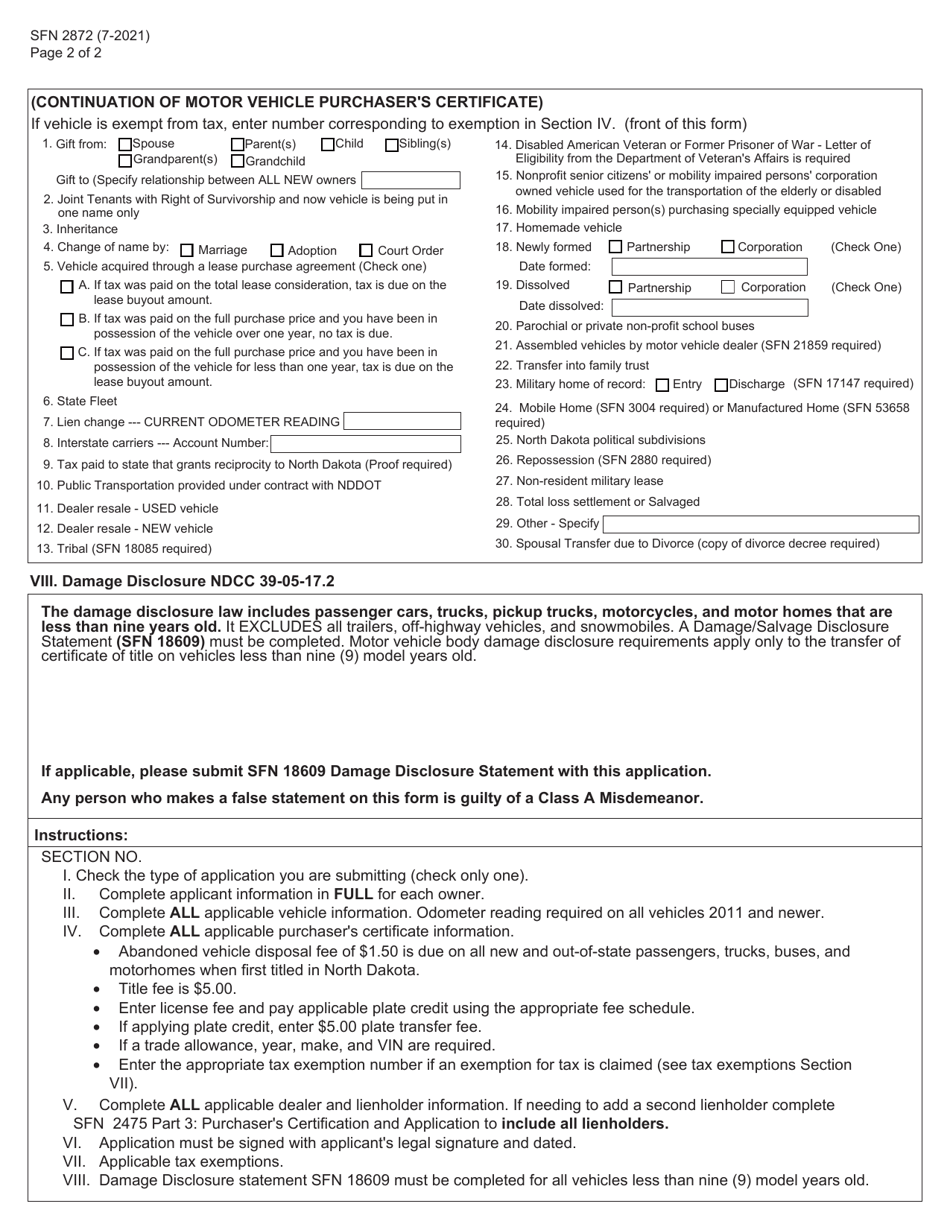 Form SFN2872 Application for Certificate of Title  Registration of a Vehicle - North Dakota, Page 2