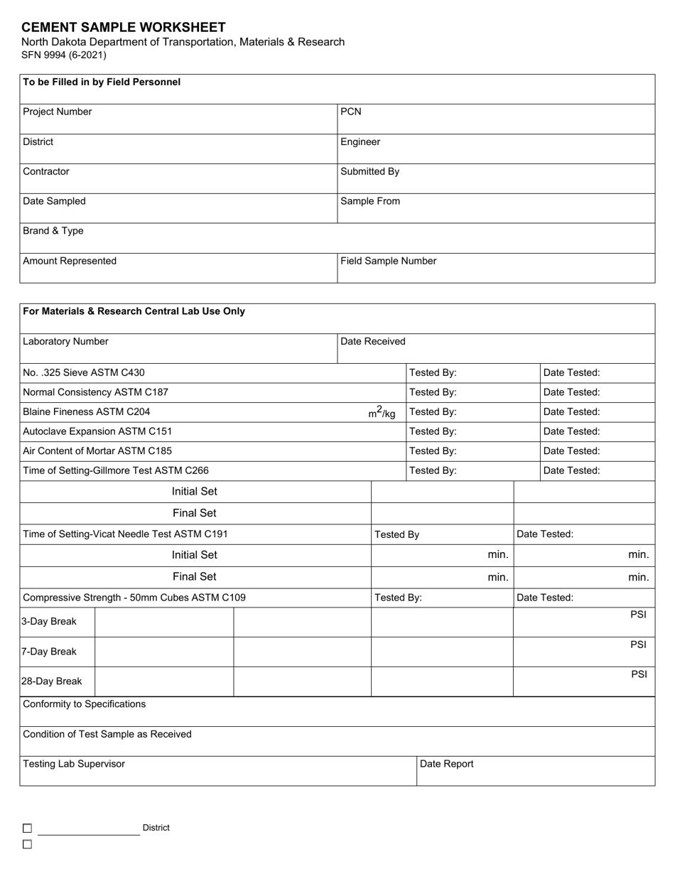 Form SFN9994 Cement Sample Worksheet - North Dakota, Page 1
