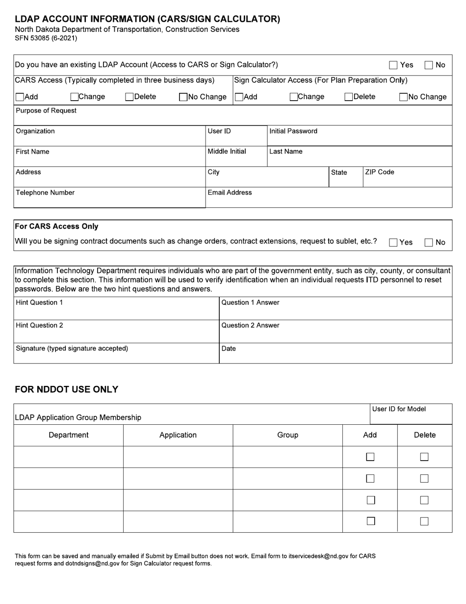 Form SFN53085 Ldap Account Information (Cars / Sign Calculator) - North Dakota, Page 1