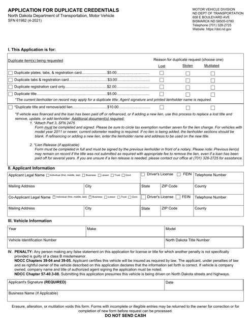 Form SFN61982 Application for Duplicate Credentials - North Dakota