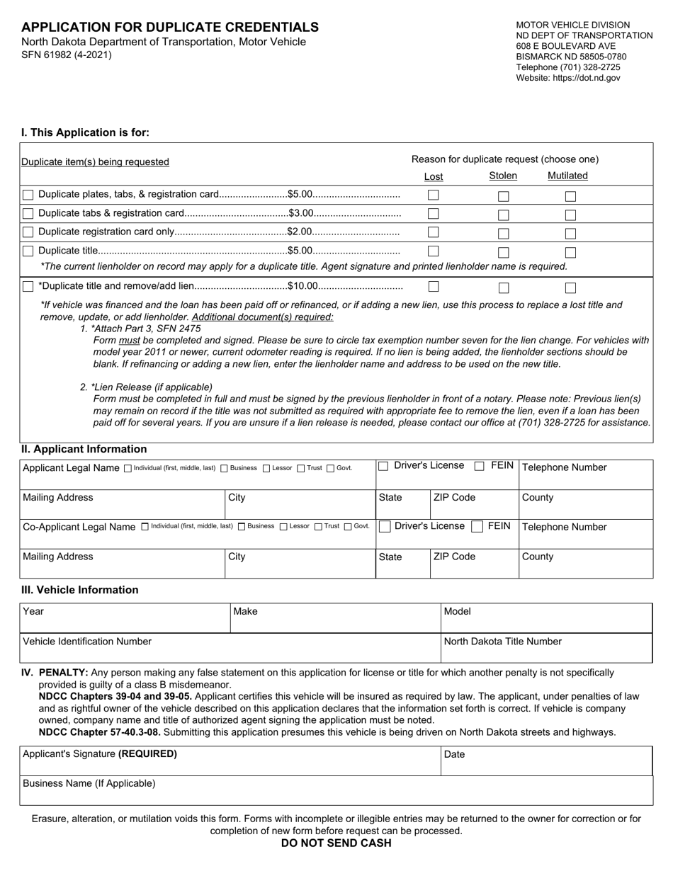 Form SFN61982 - Fill Out, Sign Online and Download Fillable PDF, North ...