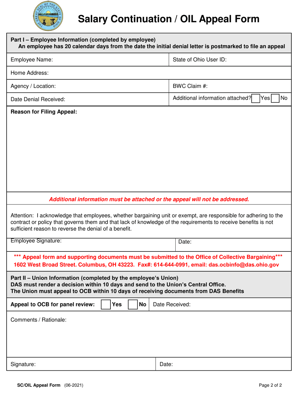 Salary Continuation / Oil Appeal Form - Ohio, Page 2