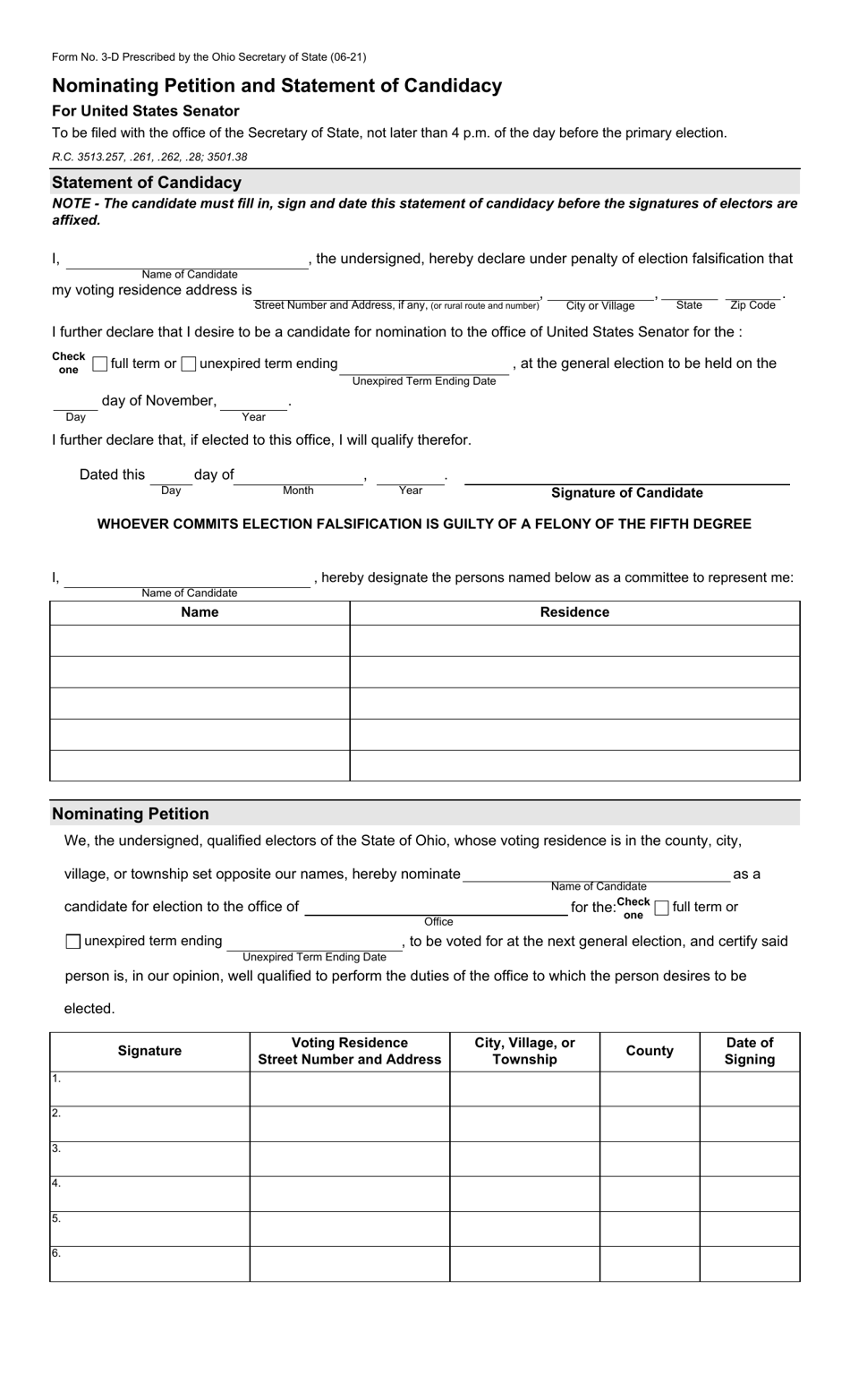 Form 3-D Nominating Petition and Statement of Candidacy for United States Senator - Ohio, Page 1