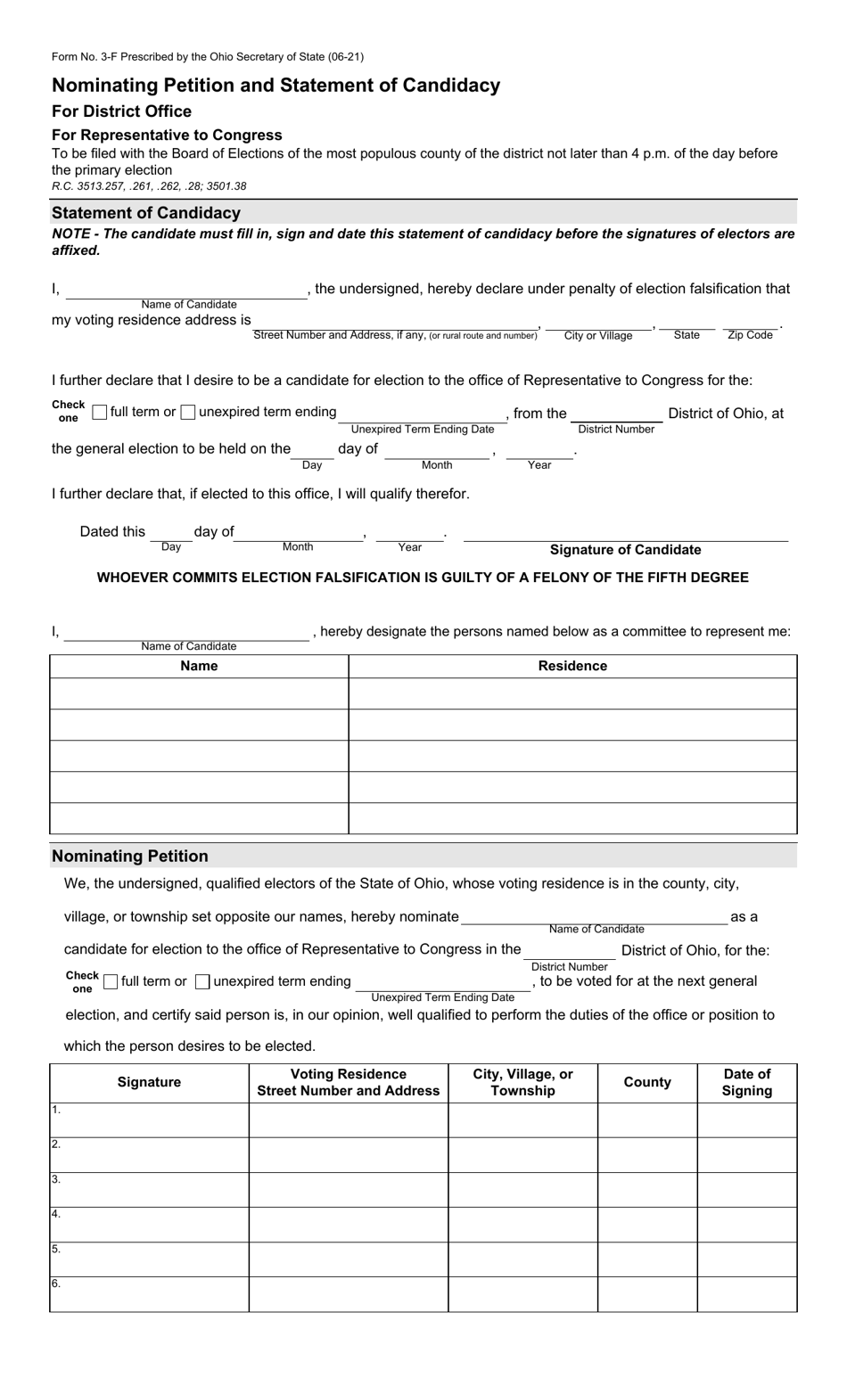 Form 3-F Nominating Petition and Statement of Candidacy for District Office for Representative to Congress - Ohio, Page 1