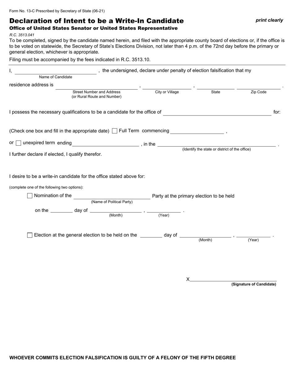 Form 13-C Download Fillable PDF or Fill Online Declaration of Intent to ...