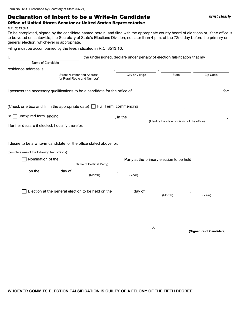 Form 13-C Declaration of Intent to Be a Write-In Candidate - Office of United States Senator or United States Representative - Ohio, Page 1