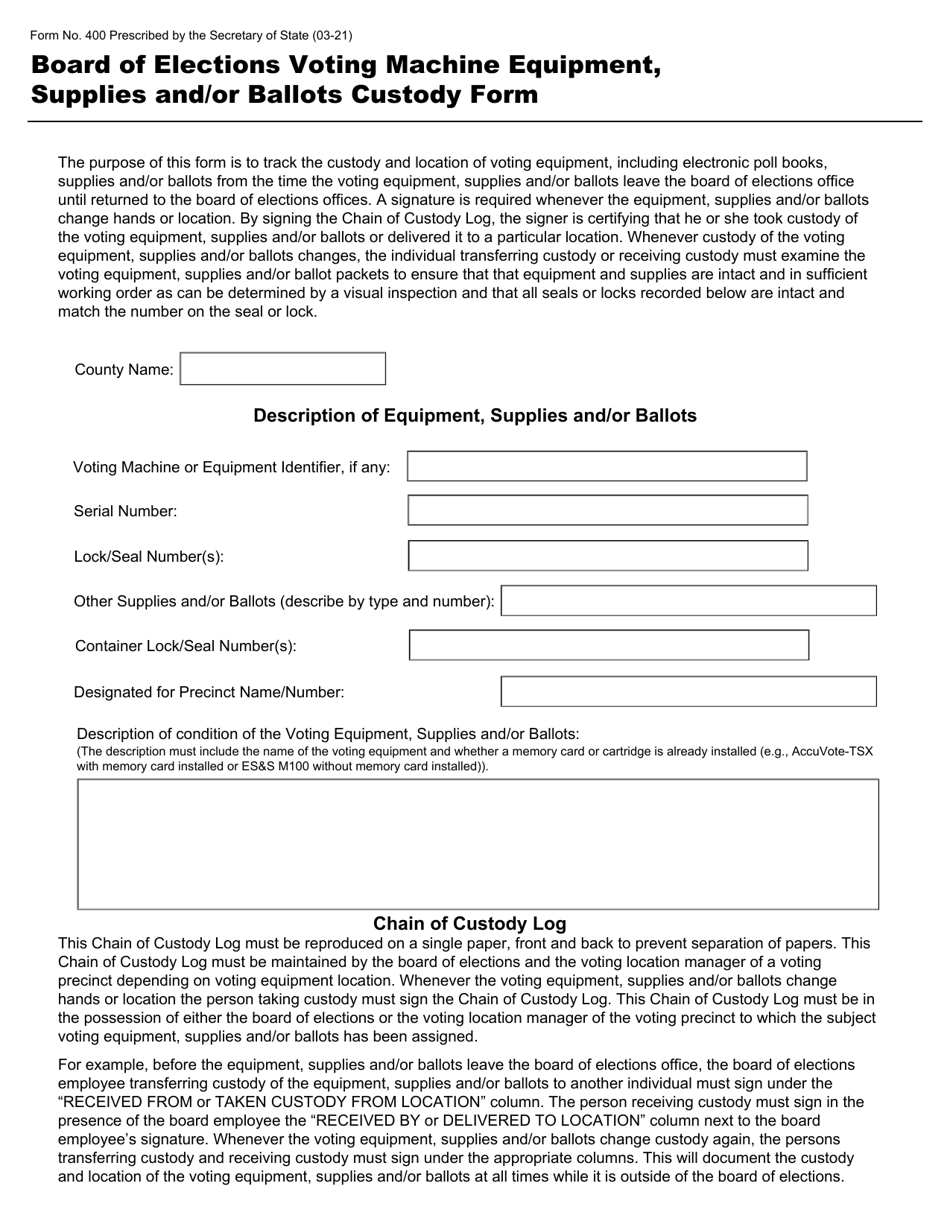 Form 400 Board of Elections Voting Machine Equipment, Supplies and / or Ballots Custody Form - Ohio, Page 1