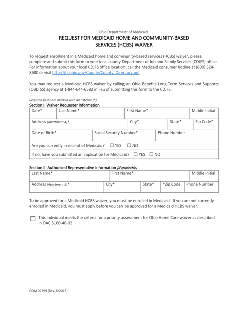 Form ODM02399 Request for Medicaid Home and Community-Based Services (Hcbs) Waiver - Ohio