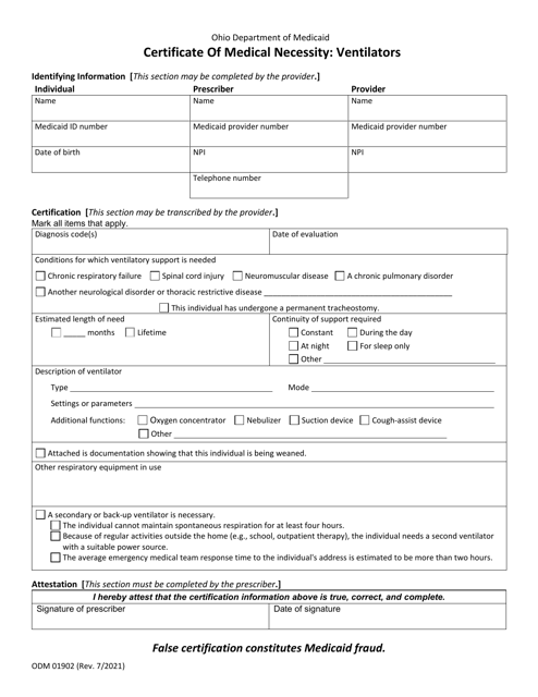 Form ODM01902 Certificate of Medical Necessity: Ventilators - Ohio