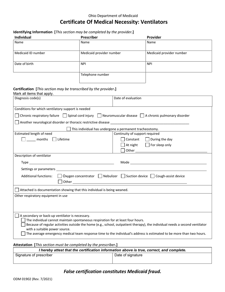 Form ODM01902 Certificate of Medical Necessity: Ventilators - Ohio, Page 1