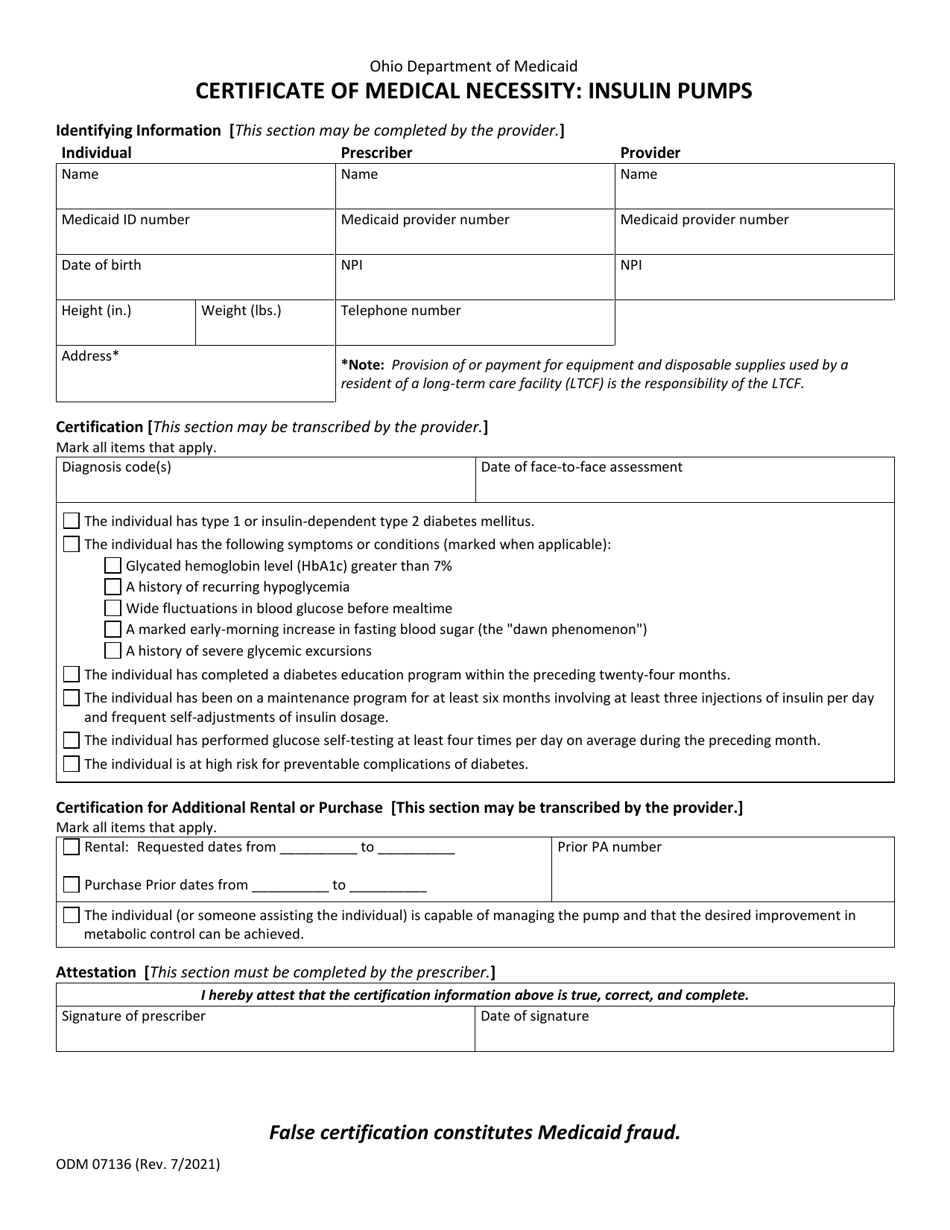 Form ODM07136 Certificate of Medical Necessity: Insulin Pumps - Ohio, Page 1