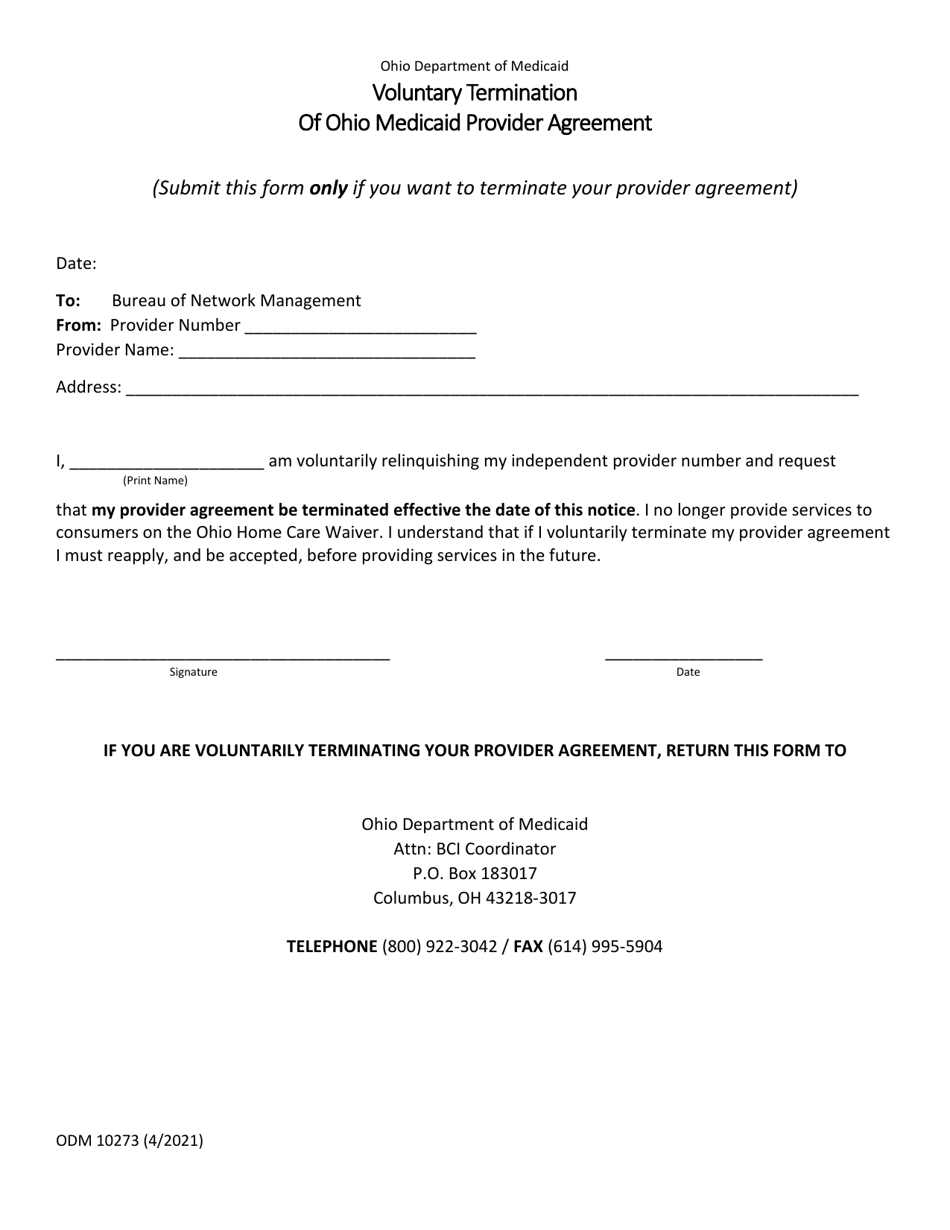 Form ODM10273 Voluntary Termination of Ohio Medicaid Provider Agreement - Ohio, Page 1