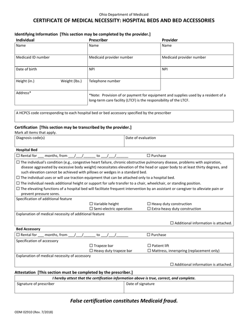 Form ODM02910 Certificate of Medical Necessity: Hospital Beds and Bed Accessories - Ohio