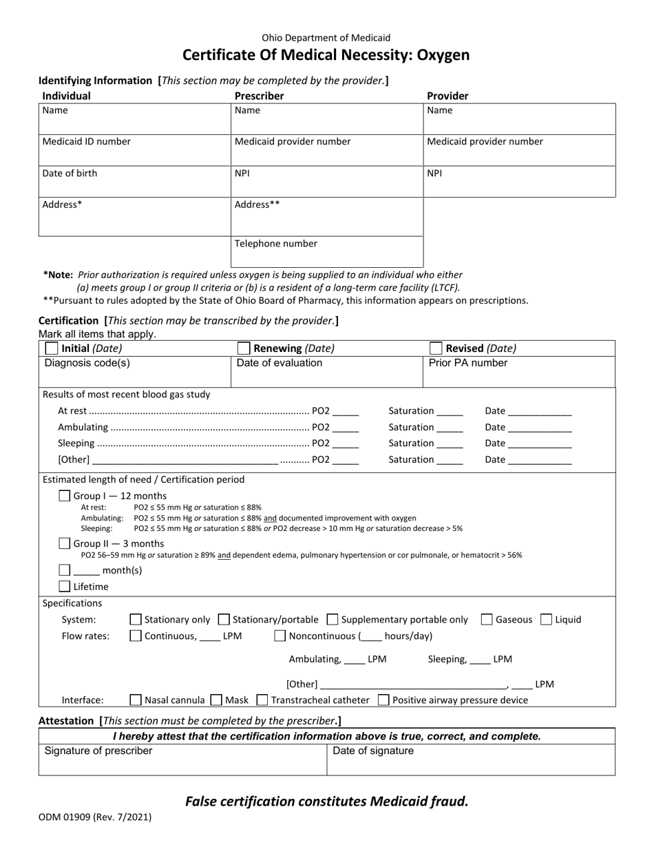 Form ODM01909 Certificate of Medical Necessity: Oxygen - Ohio, Page 1