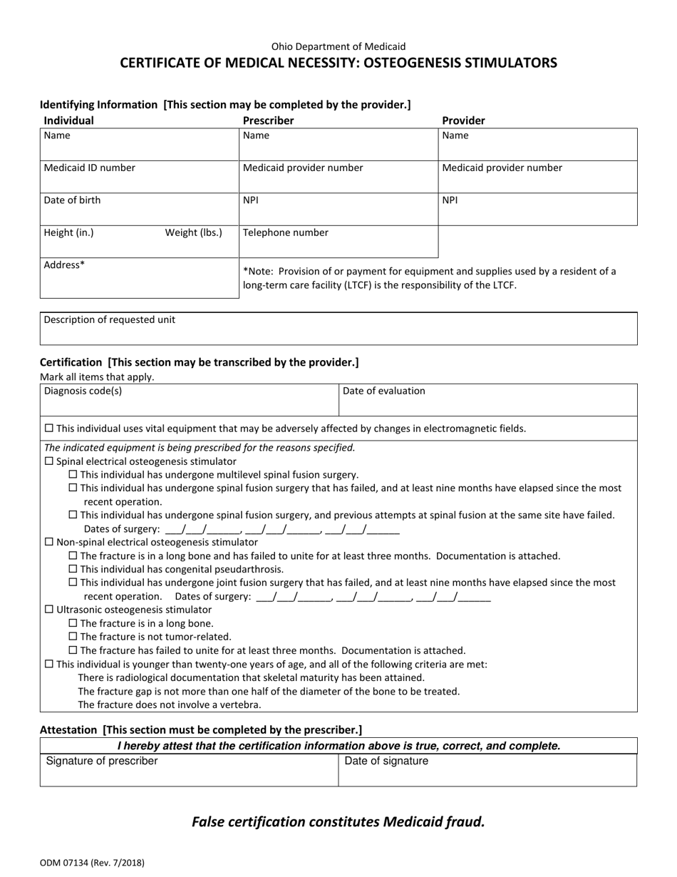 Form ODM07134 Certificate of Medical Necessity: Osteogenesis Stimulators - Ohio, Page 1