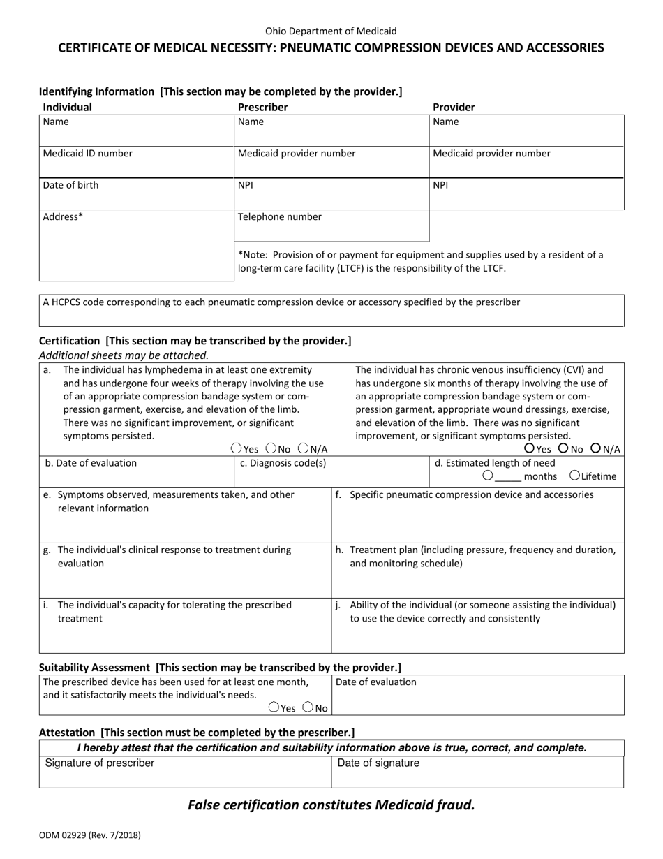 Form ODM02929 Certificate of Medical Necessity: Pneumatic Compression Devices and Accessories - Ohio, Page 1