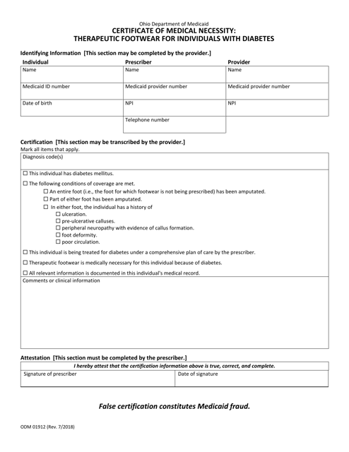 Form ODM01912 Certificate of Medical Necessity: Therapeutic Footwear for Individuals With Diabetes - Ohio