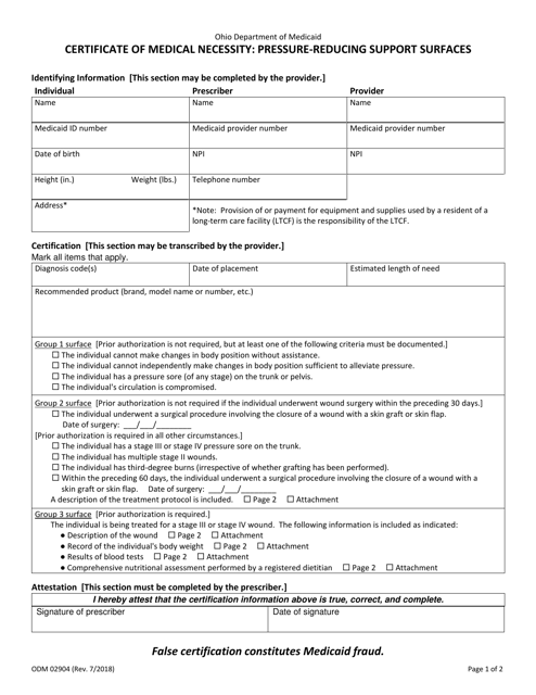 Form ODM02904 Certificate of Medical Necessity: Pressure-Reducing Support Surfaces - Ohio