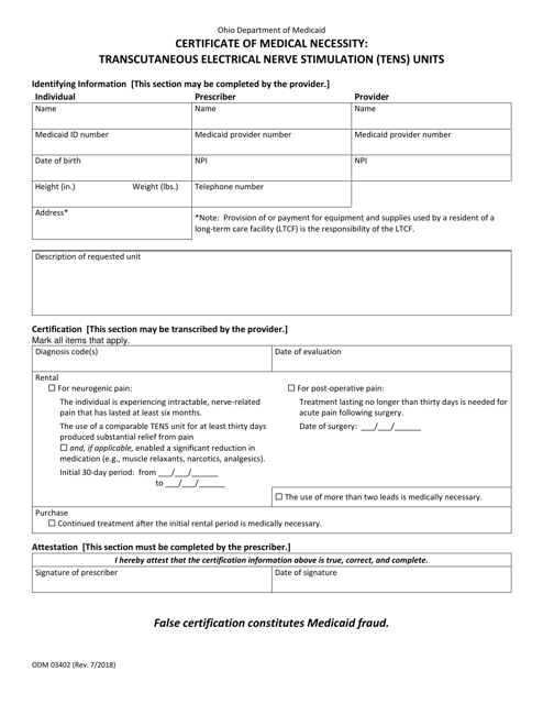 Form ODM03402 Certificate of Medical Necessity: Transcutaneous Electrical Nerve Stimulation (Tens) Units - Ohio