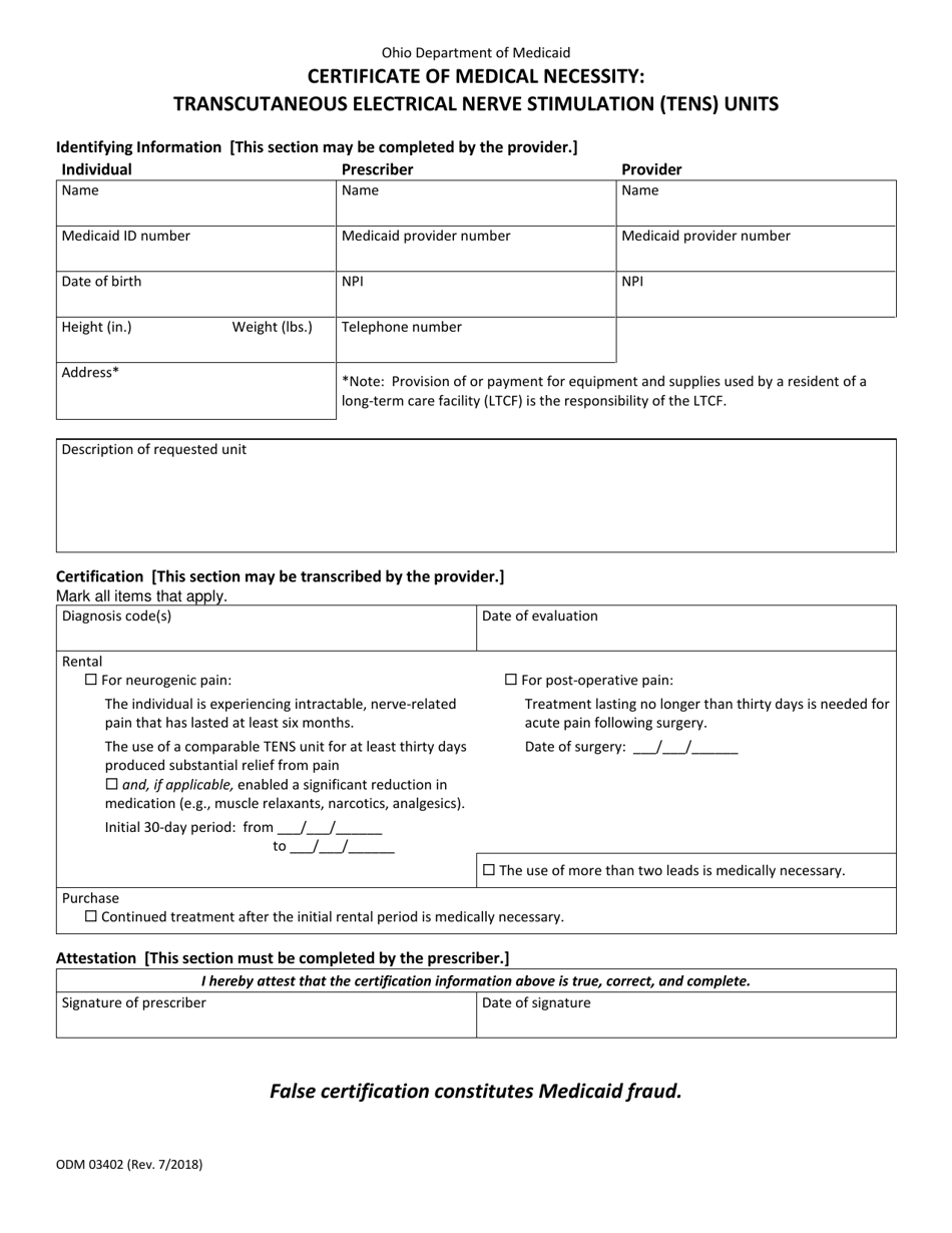 Form ODM03402 Certificate of Medical Necessity: Transcutaneous Electrical Nerve Stimulation (Tens) Units - Ohio, Page 1