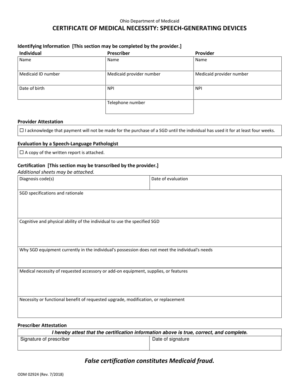 Form ODM02924 Certificate of Medical Necessity: Speech-Generating Devices - Ohio, Page 1