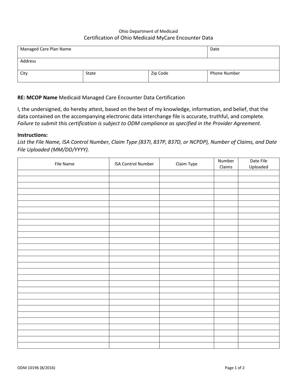 Form Odm10196 Download Fillable Pdf Or Fill Online Certification Of Ohio Medicaid Managed Care 0176
