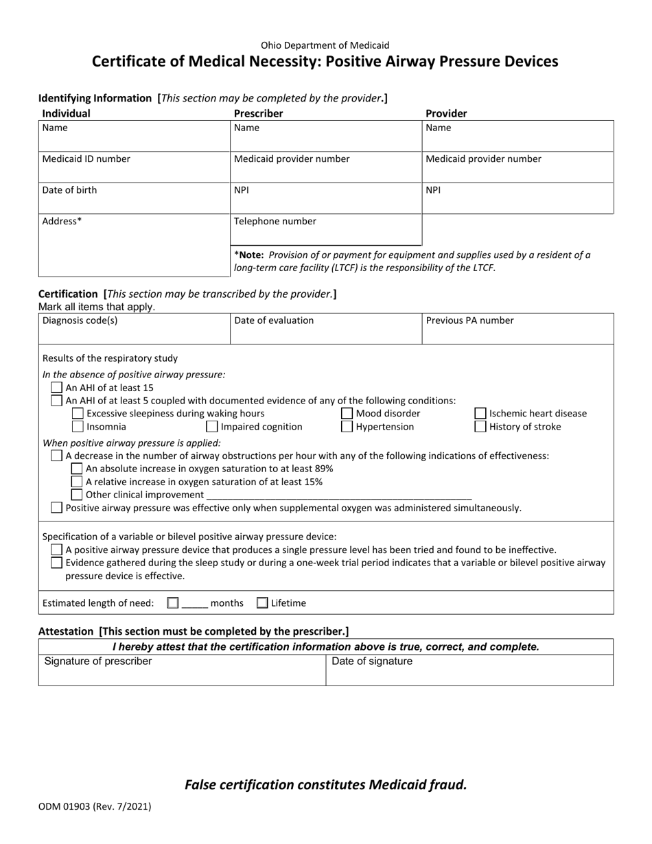 Form ODM01903 Certificate of Medical Necessity: Positive Airway Pressure Devices - Ohio, Page 1