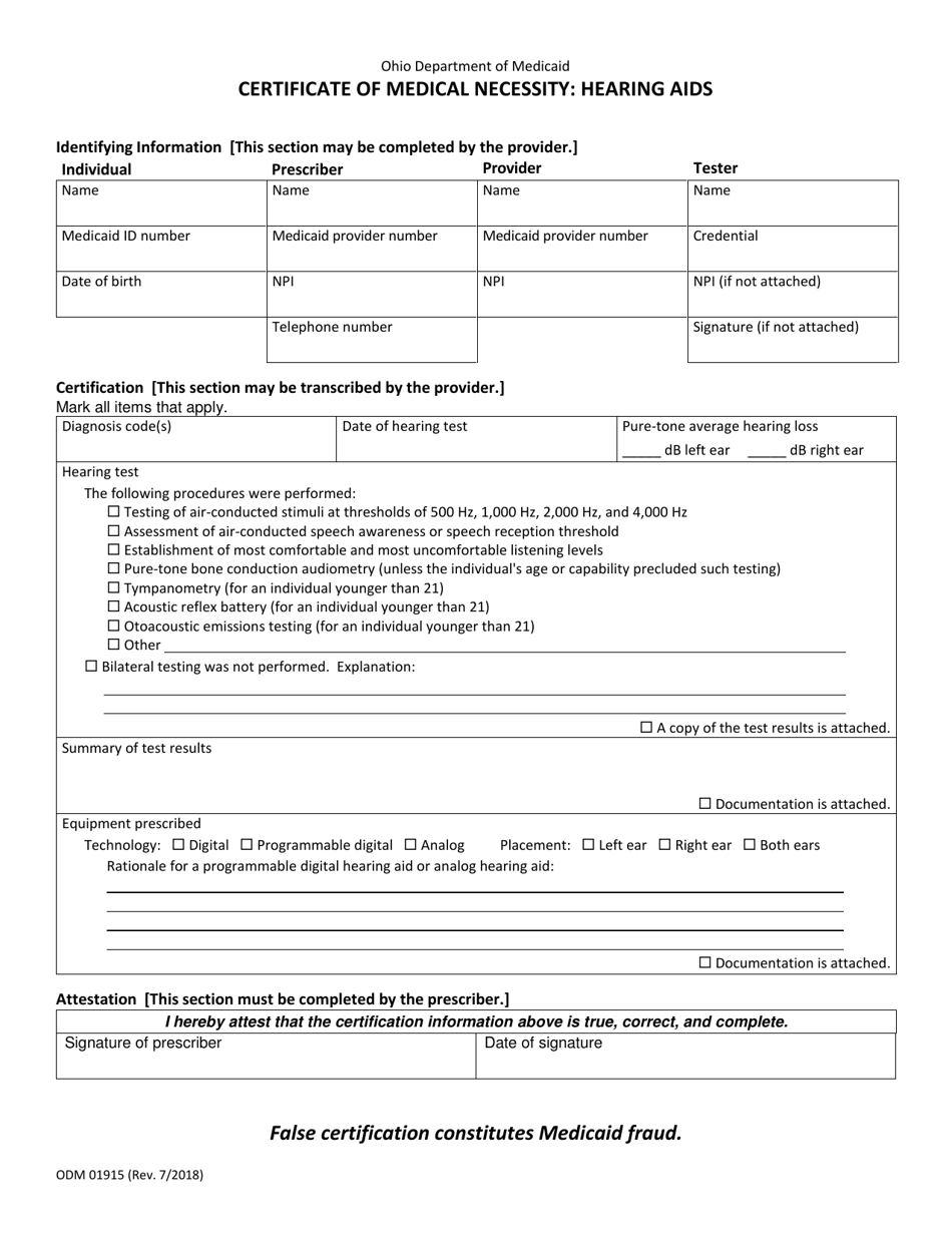 Form ODM01915 Certificate of Medical Necessity: Hearing Aids - Ohio, Page 1
