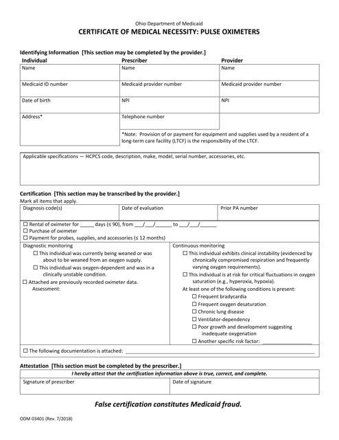 Form ODM03401 Certificate of Medical Necessity: Pulse Oximeters - Ohio