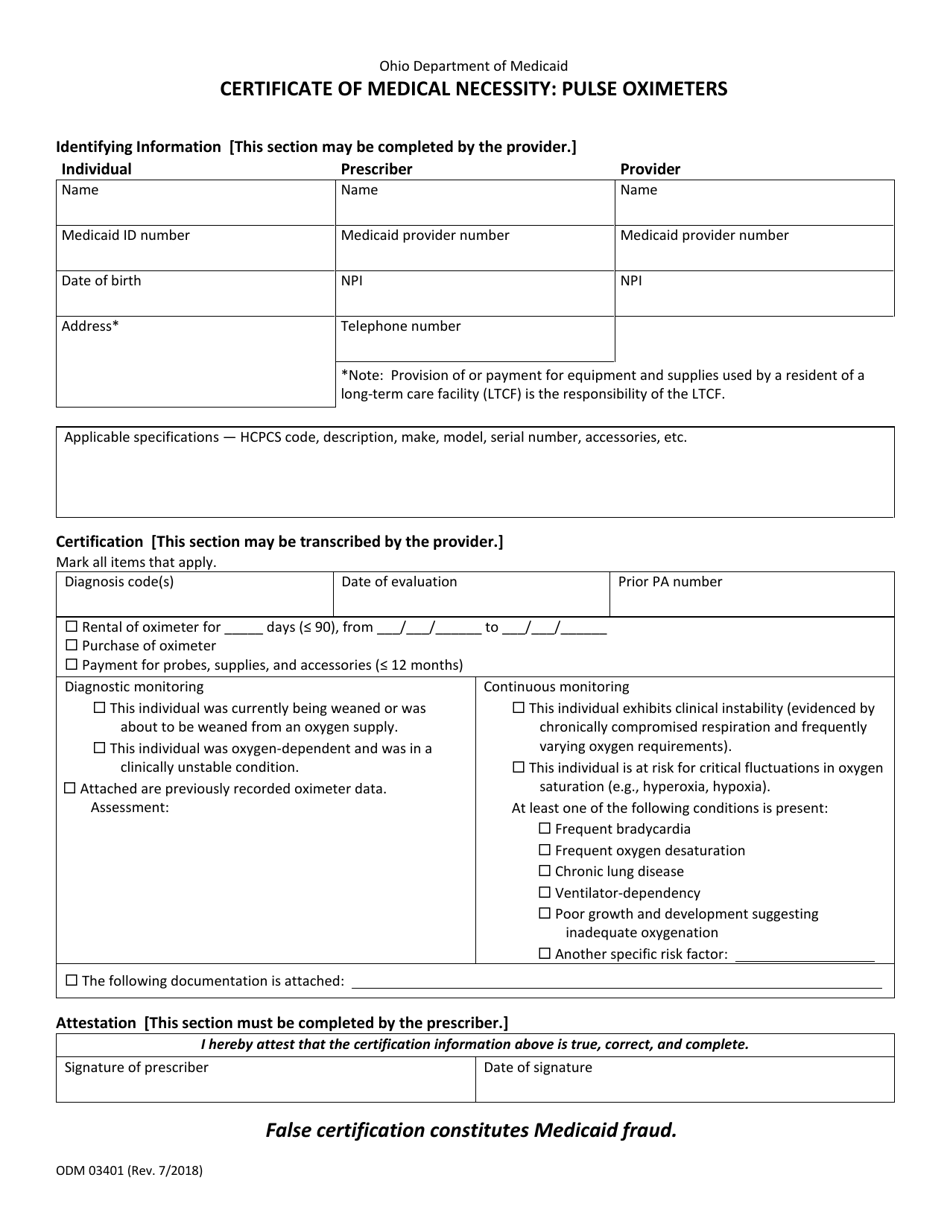 Form ODM03401 Certificate of Medical Necessity: Pulse Oximeters - Ohio, Page 1