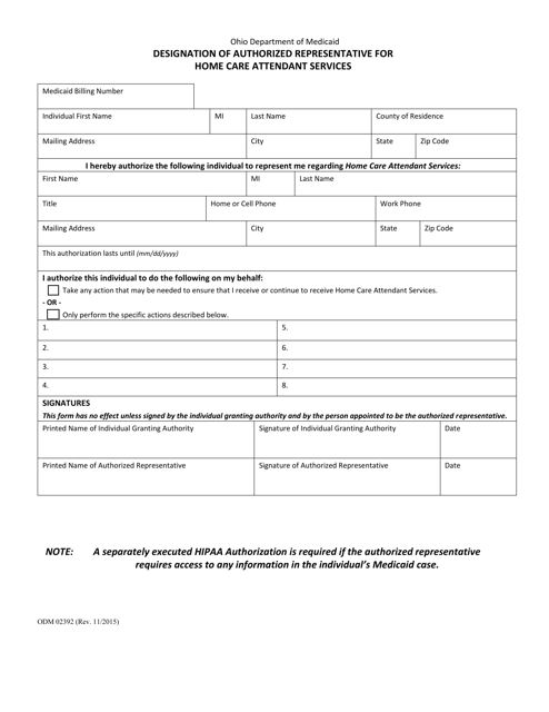 Form ODM02392 Designation of Authorized Representative for Home Care Attendant Services - Ohio