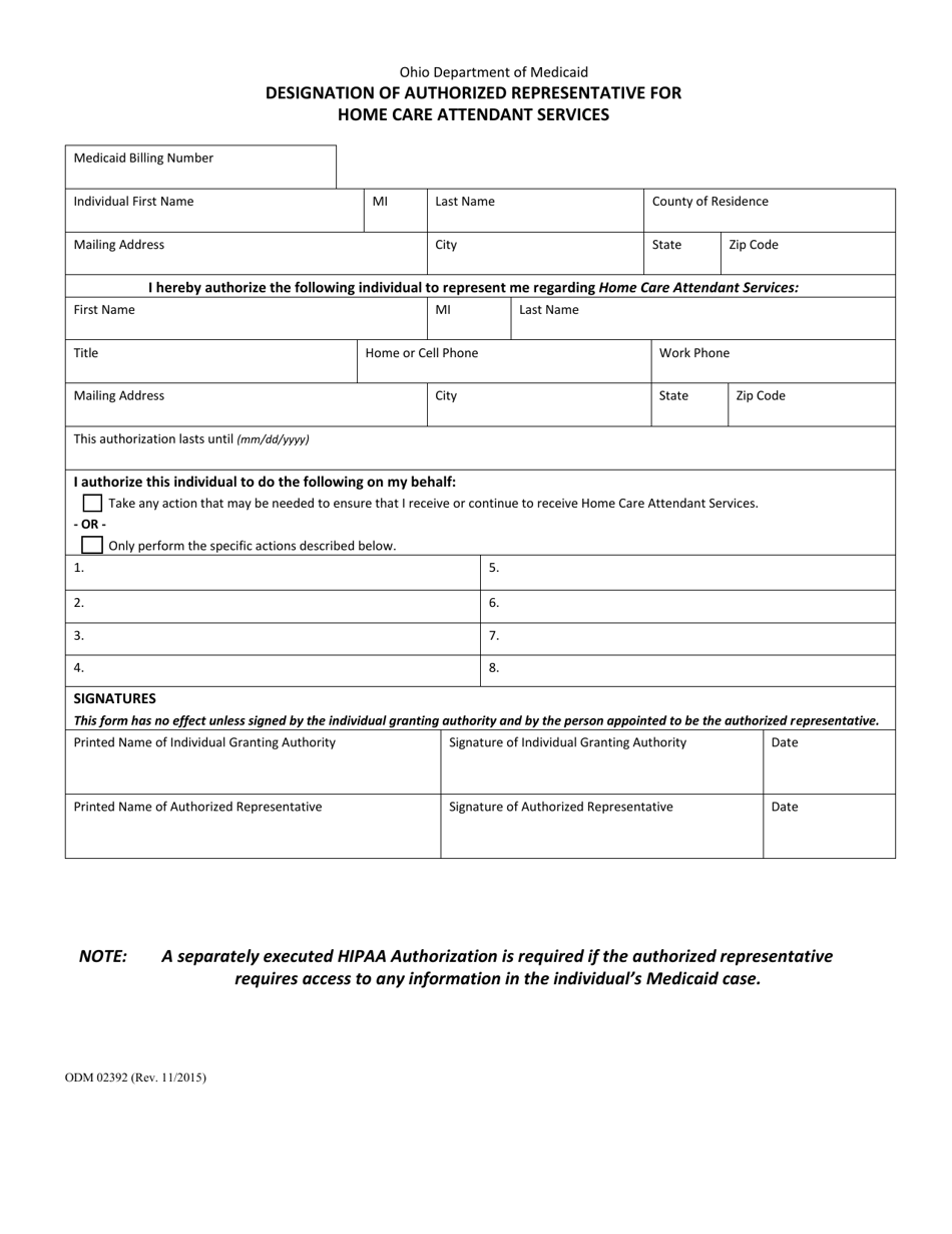 Form ODM02392 Designation of Authorized Representative for Home Care Attendant Services - Ohio, Page 1
