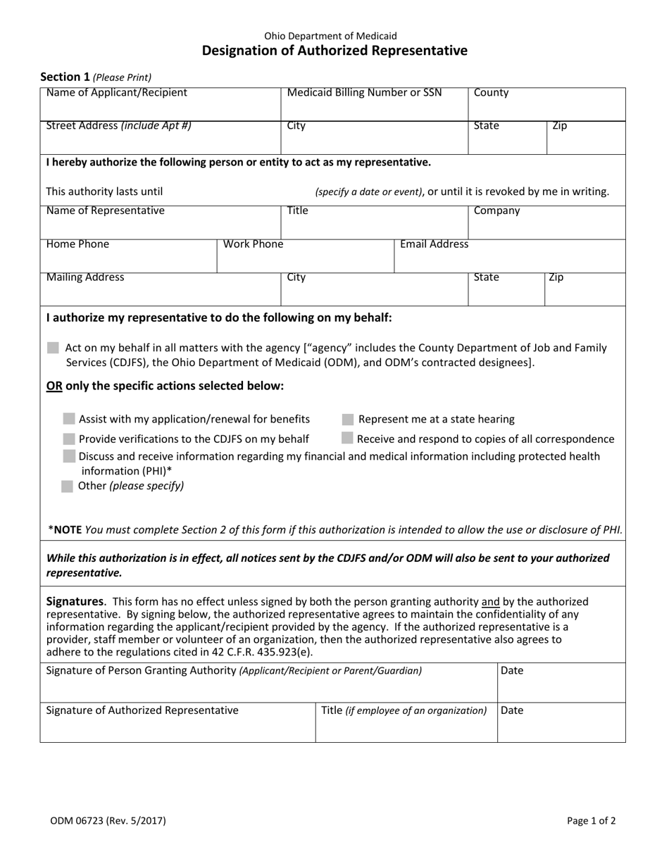 Form ODM06723 Designation of Authorized Representative - Ohio, Page 1