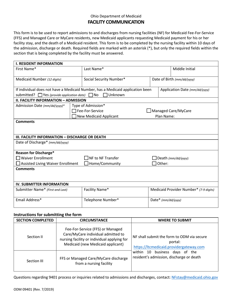 Form ODM09401 Facility Communication - Ohio, Page 1