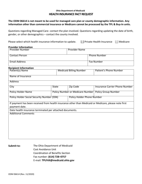 Form ODM06614 Health Insurance Fact Request - Ohio