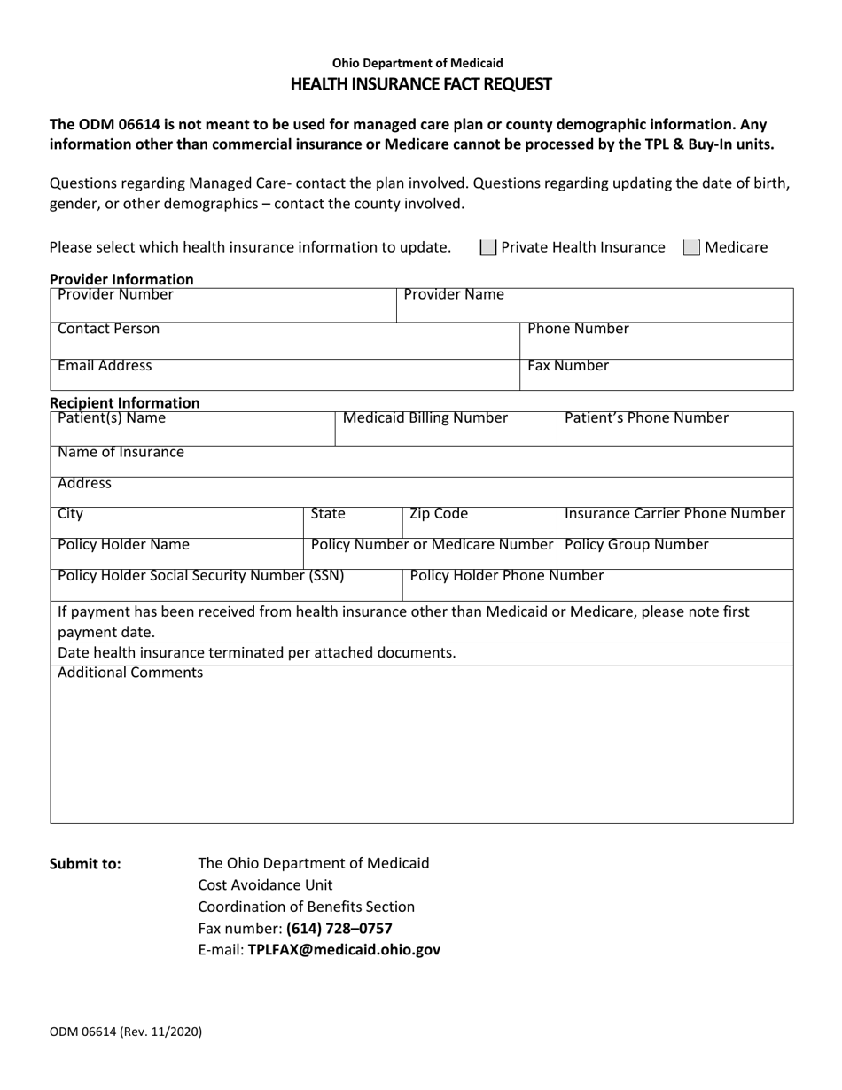 Form ODM06614 Health Insurance Fact Request - Ohio, Page 1
