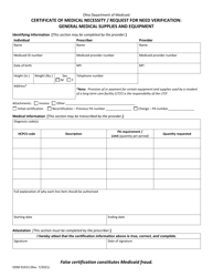 Form ODM01913 Certificate of Medical Necessity/Request for Need Verification: General Medical Supplies and Equipment - Ohio