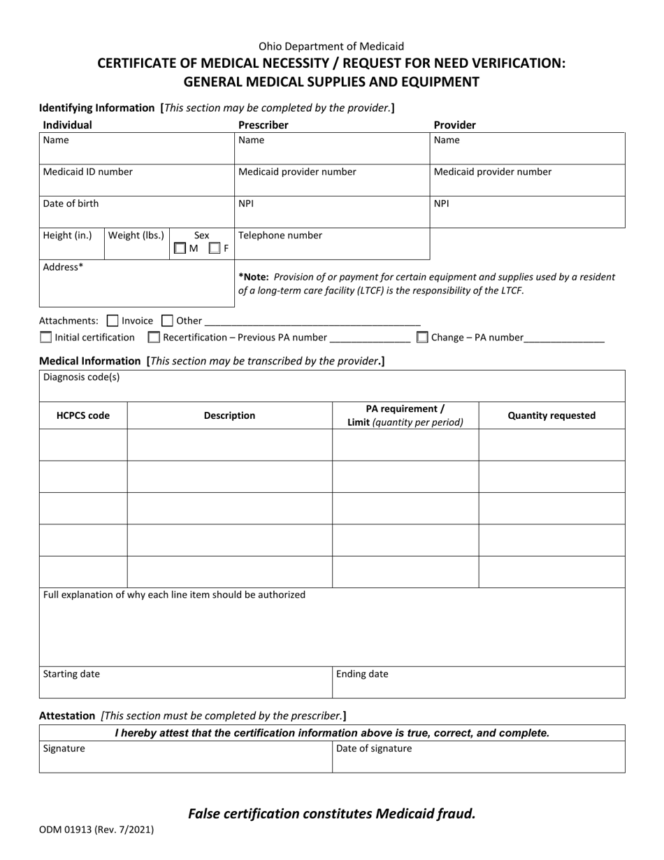Form Odm01913 Download Fillable Pdf Or Fill Online Certificate Of Medical Necessityrequest For 3569
