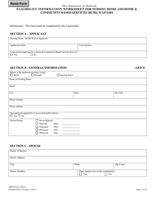 Form ODM07124 Eligibility Information Worksheet for Nursing Home and Home & Community Based Services (Hcbs) Waivers - Ohio
