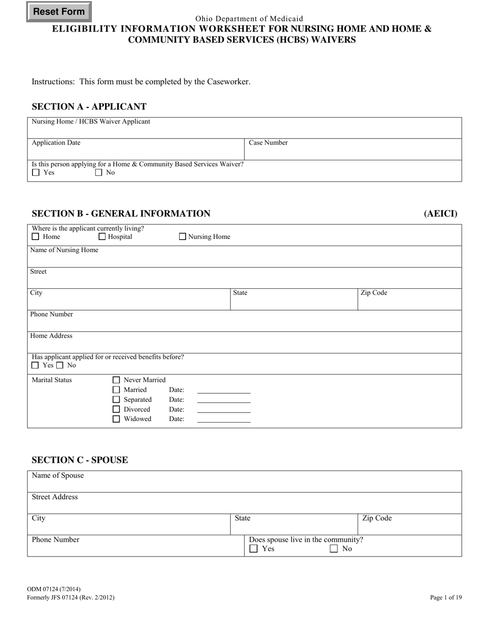 Form ODM07124 Eligibility Information Worksheet for Nursing Home and Home  Community Based Services (Hcbs) Waivers - Ohio, Page 1
