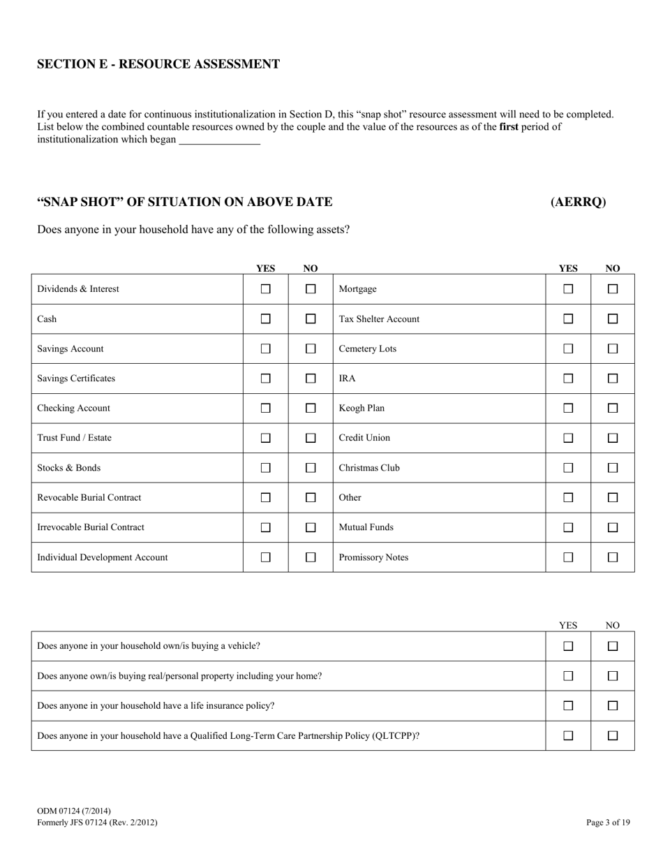 Form ODM07124 Eligibility Information Worksheet for Nursing Home and Home  Community Based Services (Hcbs) Waivers - Ohio, Page 3