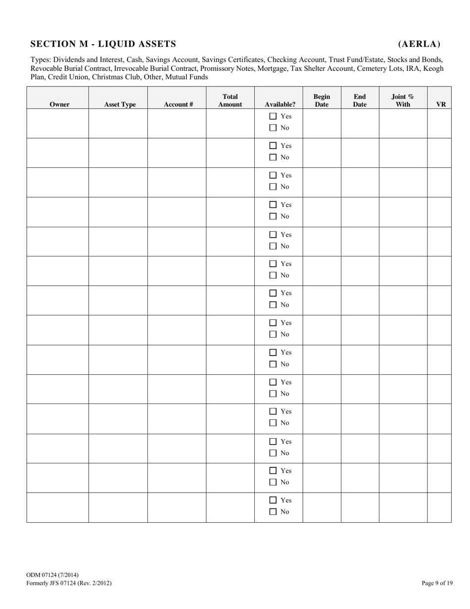 Form ODM07124 Eligibility Information Worksheet for Nursing Home and Home  Community Based Services (Hcbs) Waivers - Ohio, Page 9