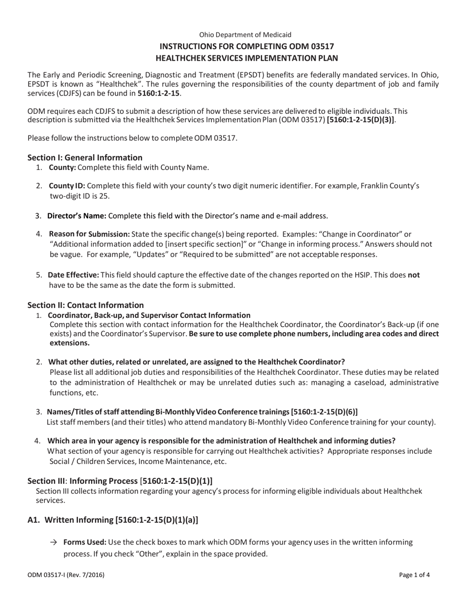 Instructions for Form ODM03517 Healthchek Services Implementation Plan - Ohio, Page 1