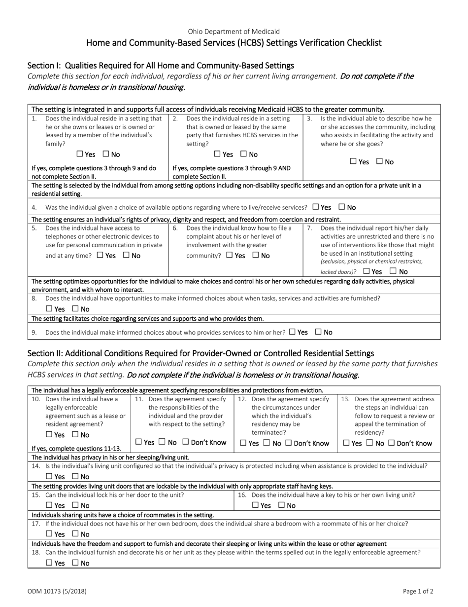 Form ODM10173 Home and Community-Based Services (Hcbs) Settings Verification Checklist - Ohio, Page 1
