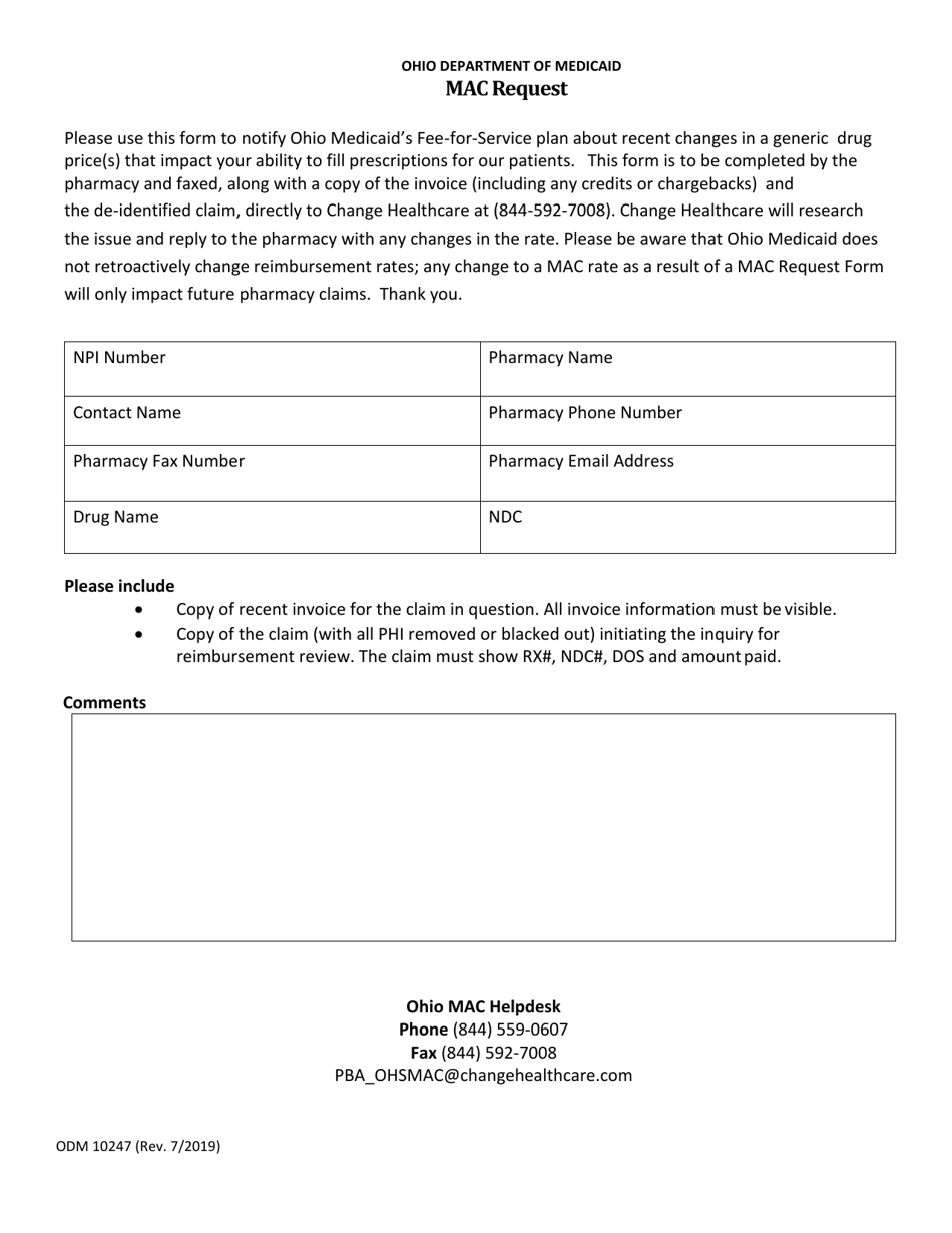 Form ODM10247 Mac Request - Ohio, Page 1